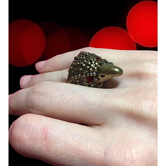 Gothic Stainless Steel Rocker Crow Bird Statement Ring Red Gemstone Size 6.5 - Picture 2 of 13